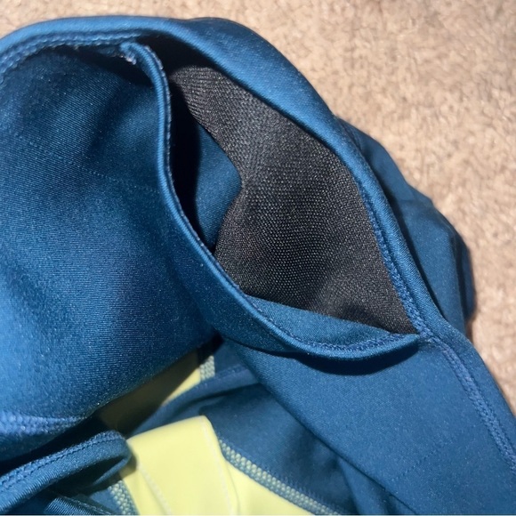 Nike Dri Fit Leggings Teal Striped White Neon Yellow Logo On Leg Size Large - Picture 11 of 15